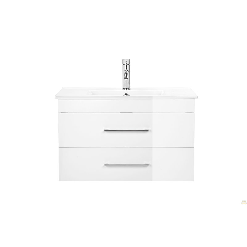 Ce meuble-lavabo mural blanc brillant de 32 pouces avec tiroirs doubles, système de fermeture en douceur, lavabo en céramique crée un espace de salle de bain moderne et minimaliste!