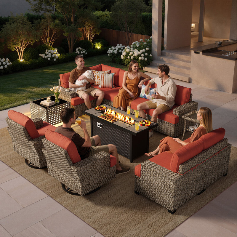Tommy Wicker 9-person Modular Outdoor Sectional Seating Group With Swivel Chairs And Cushions, Patio Conversation Set With Fire Pit Table