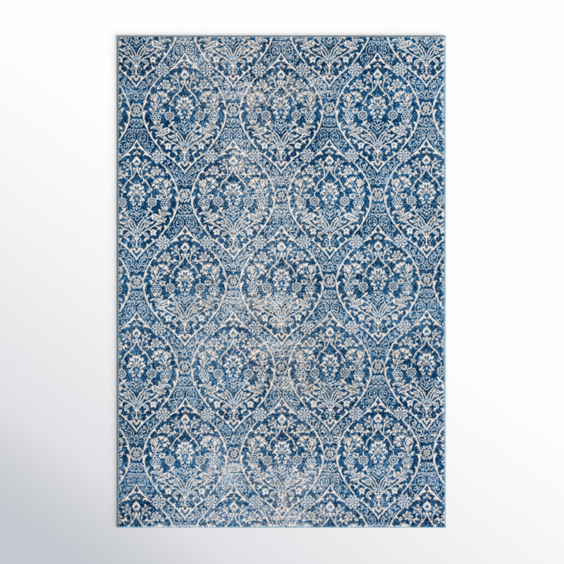 Cannes Damask Navy/Light Gray Area Rug, Rectangle 5'3" x 7'6"