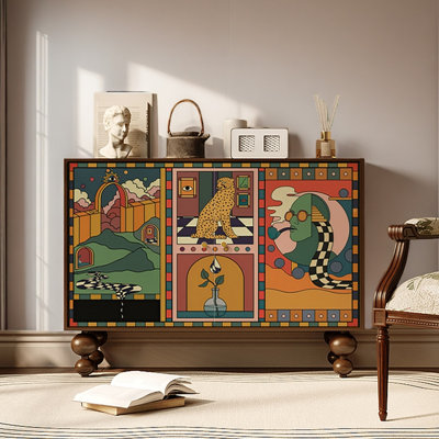 Retro Abstract Art Lacquer Painting Sideboard