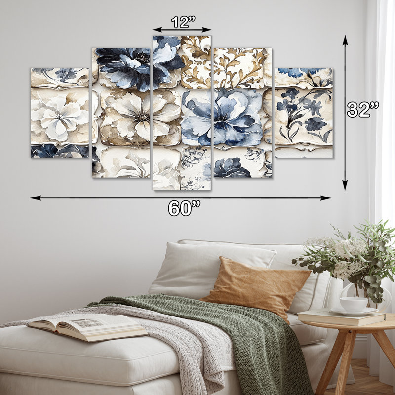 «White and Blue Floral Abstract Tiles IV - Boho Tiles», ensemble d'art mural