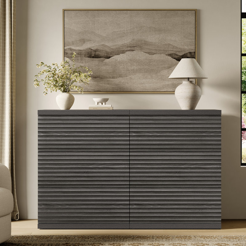 Modern Fluted 3-Drawer Sideboard With Pop - Up Design, Dark Gray Alder
