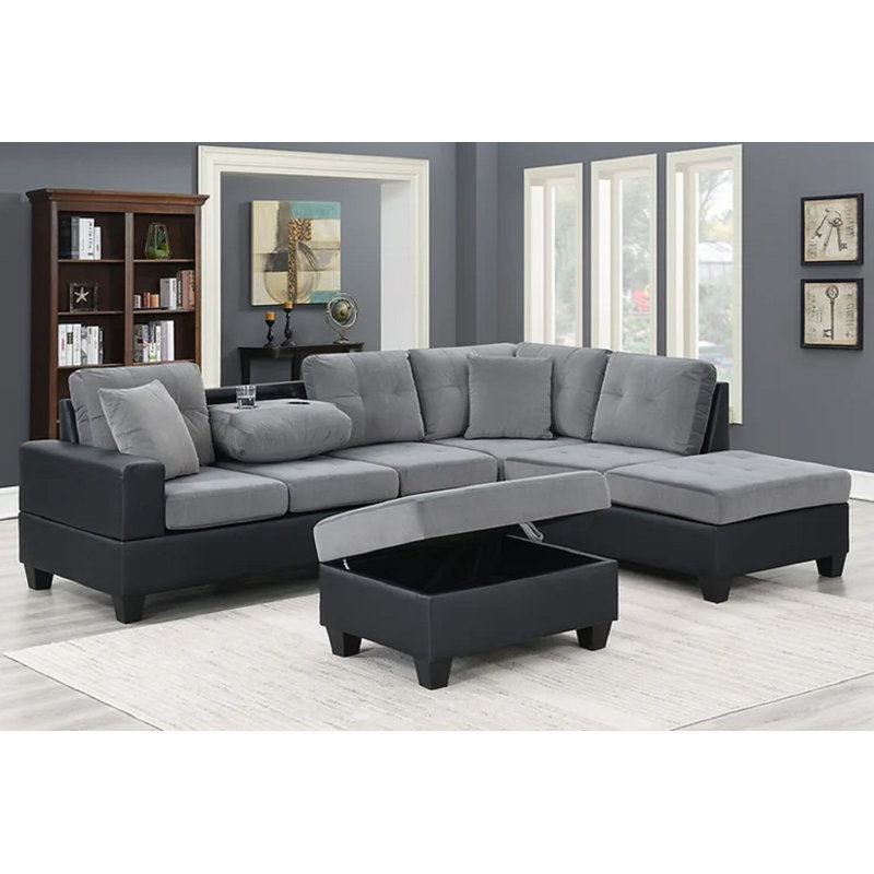 Velvet L-Shaped Sectional, Grey/Black Velvet