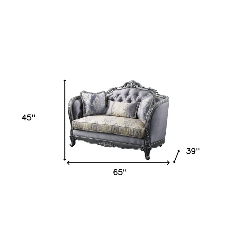 Causeuse et coussins en mélange de soie 65 po gris et platine