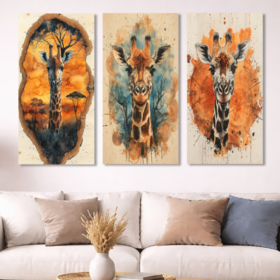 Silent Watcher Giraffe Portrait in African Landscape I – Giraffe Printed Metal Wall Art Set of 3