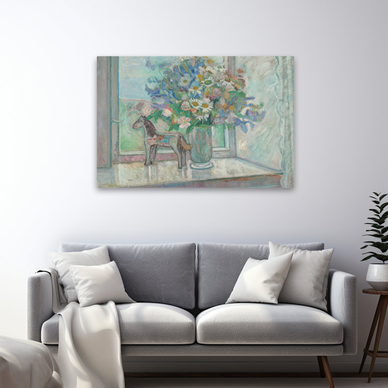 Bouquet de fleurs et de chevaux par fenêtre contemporaine Oluf Woldtorne, H 48 po x l 32 po