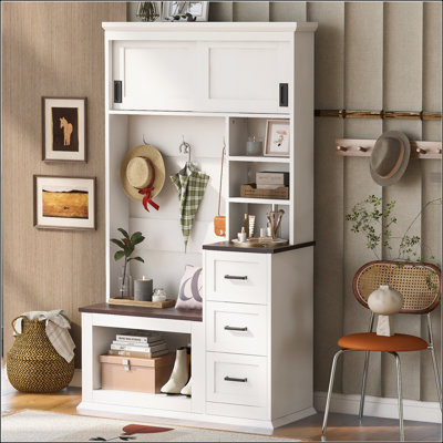 Modern Entryway Bench with Coat Rack, 3 Shelves, Drawers, and Sturdy Hooks for Hallway, Entryway, and Living Room