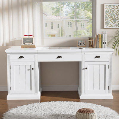 67" Modern Executive Desk,Computer Desk With 2 Wooden Doors Storage Cabinet And 3 Drawers, Rectangle Home Office Desk  ,Reading Desk,Writing Table,Workstation For Home Office,Living Room,Study,White