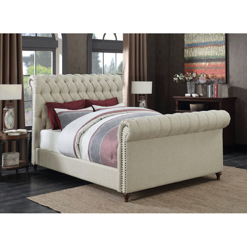 Lit-bateau tapissier Touffeté, Très grand lit Eastern, Beige