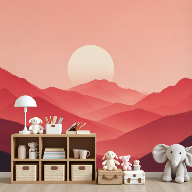 Papier peint adhésif Tranquil Peel and Stick Warm Sunset Layered Mountains Minimalist, L 96 po x l 69 po