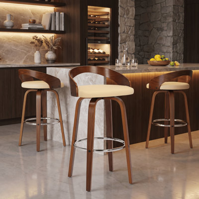 Tabouret de bar pivotant à hauteur de comptoir ou de bar avec dossier bas ouvert en similicuir et bois