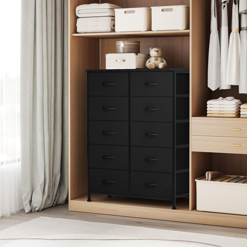 Commode en tissu à 10 tiroirs l 31,4 po avec plateau en bois et commode, Noir