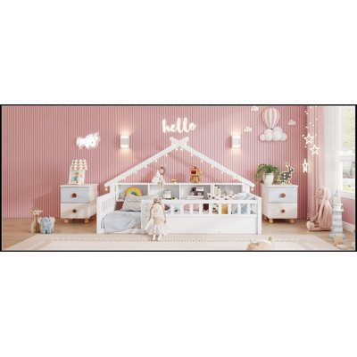 Lit simple au sol avec toit, étagères de rangement et lumière DEL pour enfants