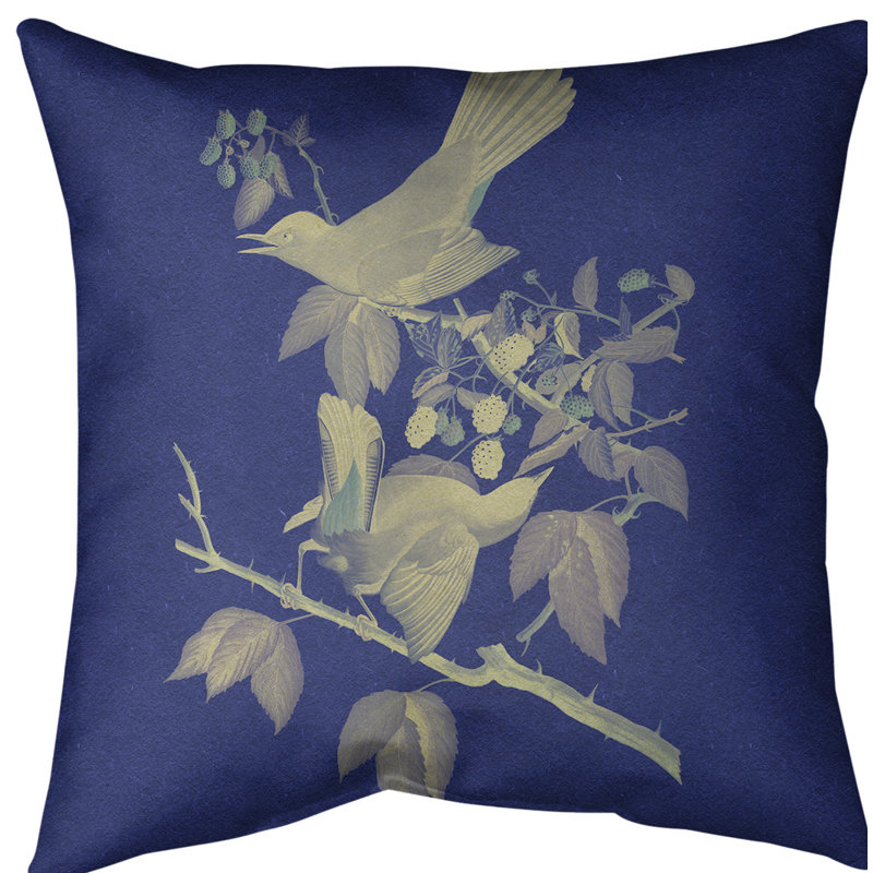 Coussin décoratif à chat oiseau, 18 po x 18 po, Bleu royal / blanc cassé, Sergé de coton