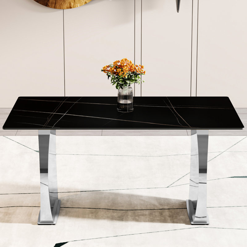 Table de salle à manger très moderne Classy avec surface en pierre frittée noire de 0,4 pouce et pieds argentés, convient aux espaces commerciaux à domicile, acier inoxydable de table à haute température convenant à la cuisine, à la salle à manger,