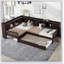 Lit plateforme simple en L avec lit gigogne, tiroirs de rangement et tablettes, sans sommier, conception peu encombrante