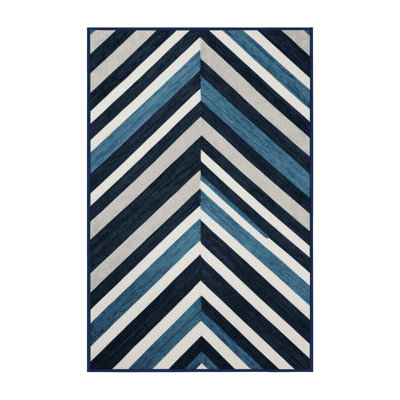  Washable Steel Blue White Striped Area Rug
