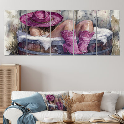 Cowgirl prenant un bain dans un baril de ferme VI - ensemble d'art mural en toile Cowgirls