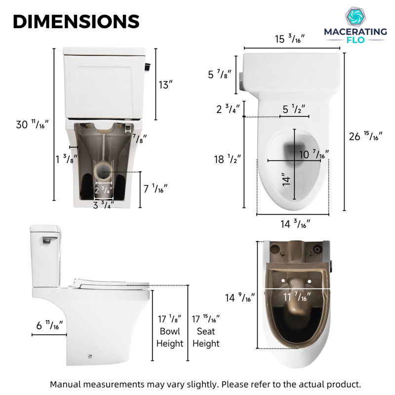 MaceratingFlo Rear Outlet Toilet, 18'' Comfort Height, Elongated Bowl, 1.28 GPF Rimless Flush, P-Trap Two Piece Toilet, Two Extension Pipes Included