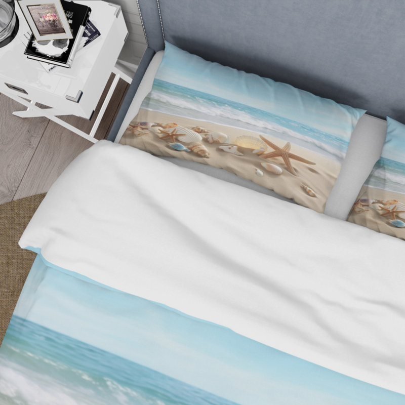 Starfish and Seashells Twin Beige and Blue Microfiber Duvet Cover Set