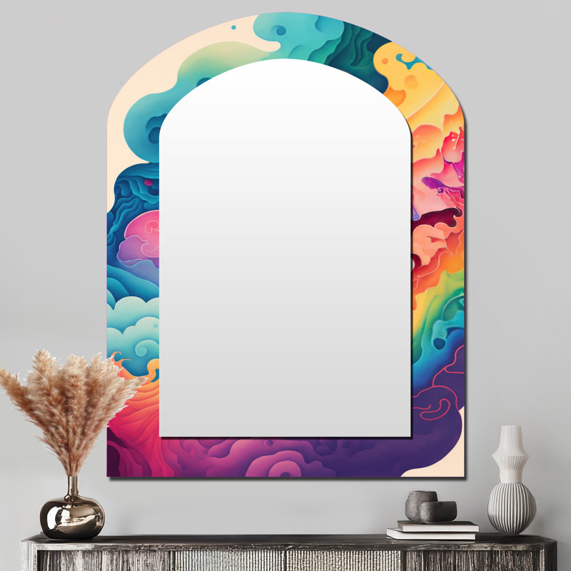 Multicolore Swirly Clouds VI - abstrait miroir spirales murales, miroir décoratif asymétrique rose, impression d'art en métal