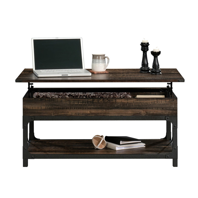 Style industriel, plateau relevable, brun, table basse, finition chêne, rectangulaire, espace de rangement dissimulé, structure en métal, tablette inférieure ouverte pour le rangement, bureau, espace de rangement dissimulé, cadre avec