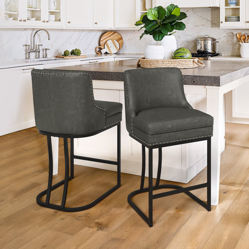 Tabouret de comptoir en métal Donicia, Similicuir / gris foncé, 2