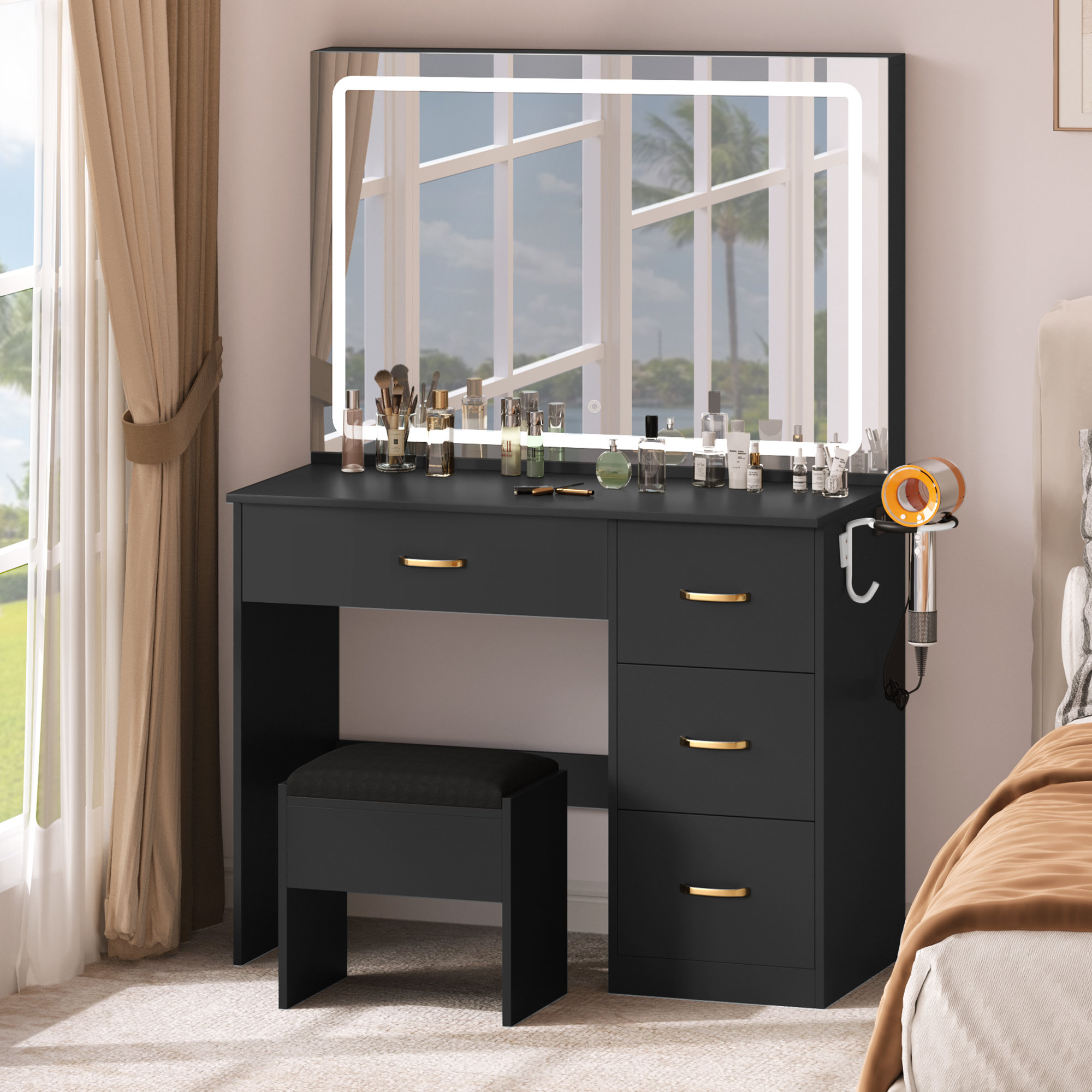 Wade Logan Azusena 53'' Vanity Built-In Outlets with Lighted Mirror ...