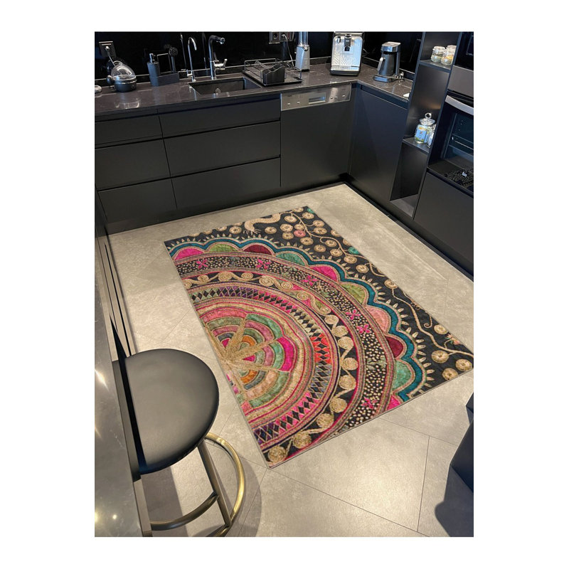 Tapis décoratif lavable demi-cercle à motif floral, Sous-tapis rectangulaire de 3 pi 3 po x 4 pi 11 po