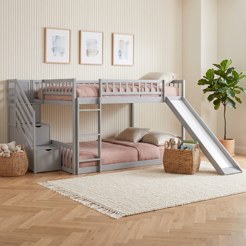 Lit superposé en bois sur 3 tiroirs avec glissière réversible et escalier de rangement, Grey
