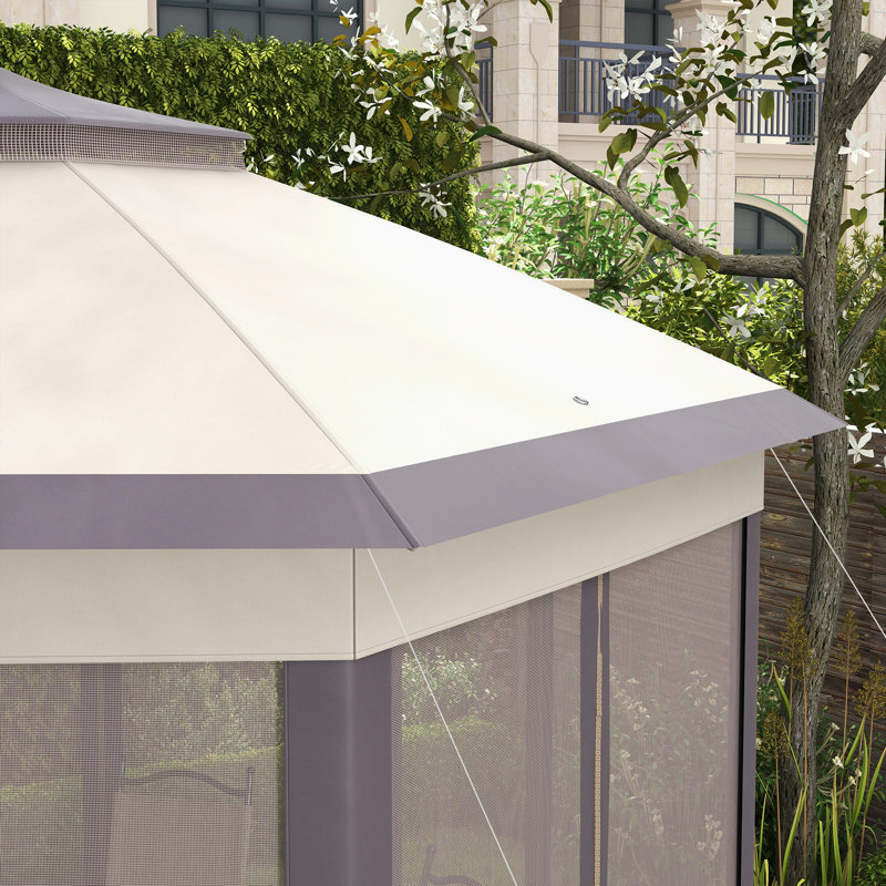 3 X 4m Hexagon Pop Up Gazebo, Double Roof Vented Canopy With Mesh Netting, Powder Coated Metal Frame, Portable Carry Bag, Outdoor Party Shelter For Patio Garden, Beige