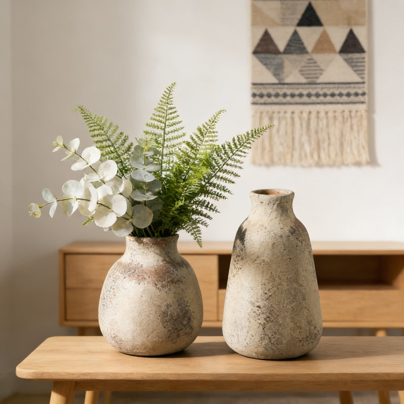 Ensemble de 2 vases en céramique fabriqués à la main, décor de maison de campagne rétro en terre cuite pour centre de table, foyer, table de chevet et tablette