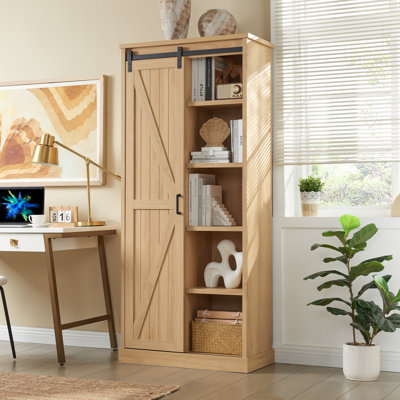 72” Tall Farmhouse Bookshelf, 32” Wide Large Wooden Bookcase with Sliding Barn Door by Gracie Oaks