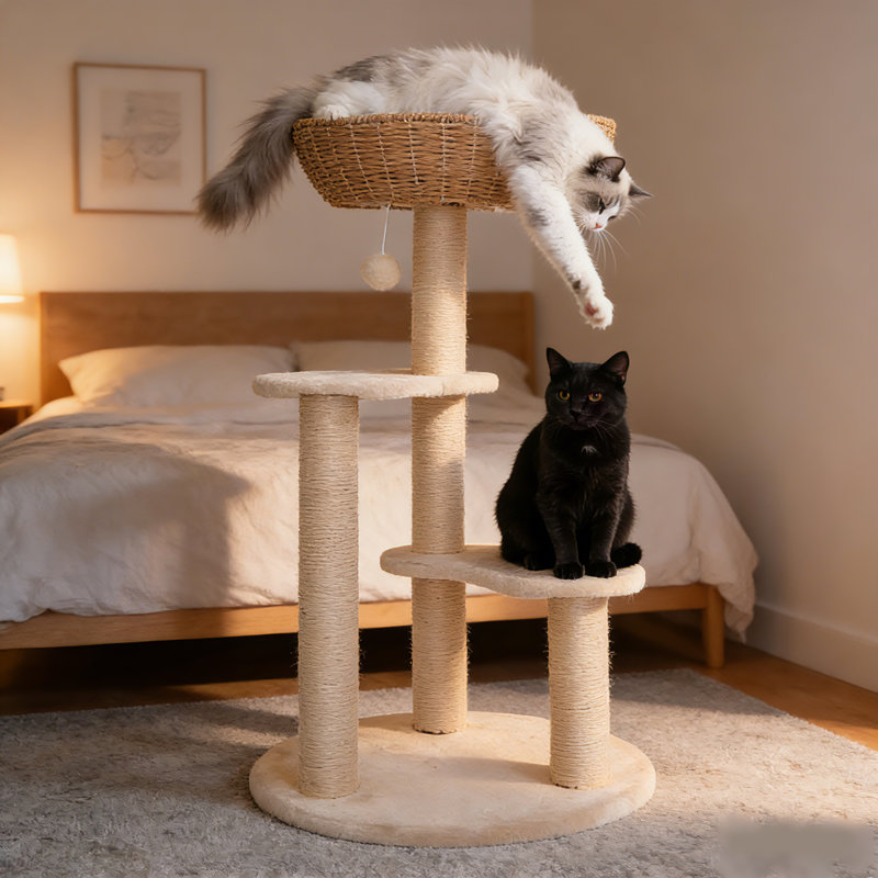 Tour d'arbre à chat tissée à la main avec poteaux à griffer en sisal et panier de perchoir douillet