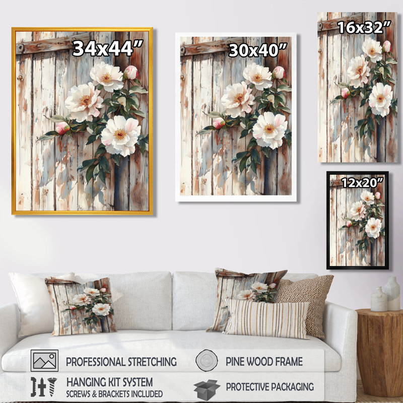 Pivoines par la porte de grange II - pivoines, art mural, H 40 po x l 30 po, Impression encadrée sans passe-partout, Doré