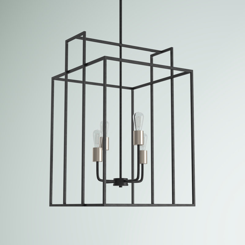 Lustre rectangulaire unique à 4 lumières Larchmont, Fer noir / Nickel brossé