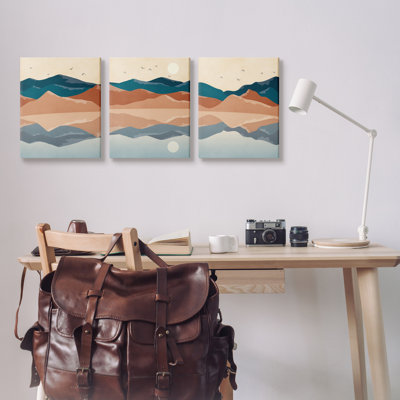 «Modern Landscape Reflection Flying Birds over Lake» par JJ Design House LLC - peinture sur toile tendue 3 pièces