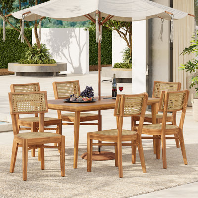 Sunhaven 7-Piece Contemporary Rustic Acacia Wood Patio Dining Set With Pe Wicker Chairs And Umbrella Hole