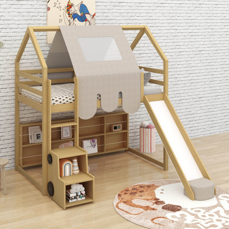 Lit mezzanine simple en bois avec tente, Naturel / Beige