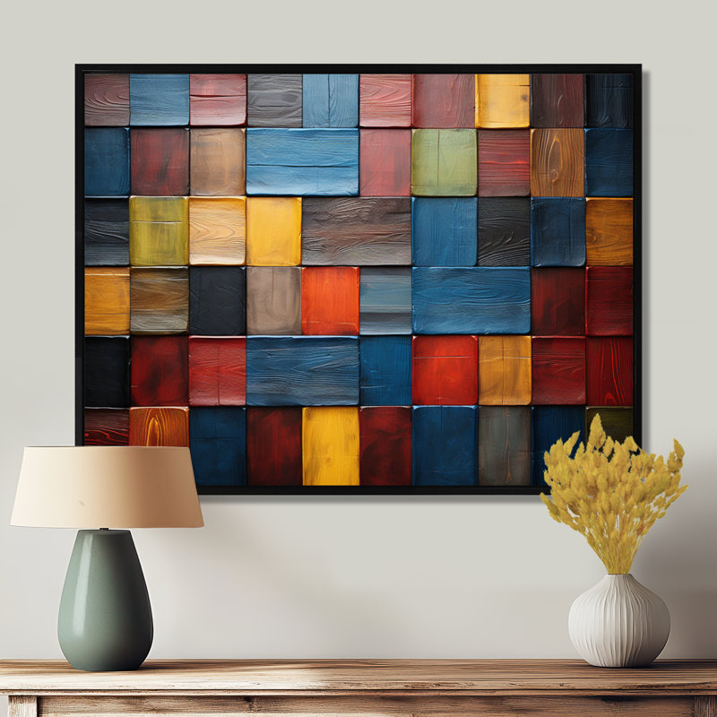 Carreaux colorés de couleurs terre V - art mural mosaïque Boho pour le salon, Cadre flottant noir, H 24 po x l 32 po x P 1 po