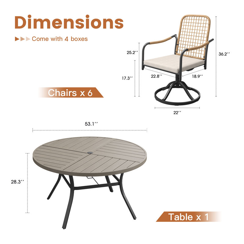 6-Person 53" Round Outdoor Dining Set With Cushioned Swivel Woven Rattan Chairs, Brush Wood Gray