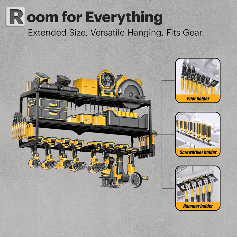 Organisateur à outils mural robuste avec porte-perceuses, 3 tablettes, 8 fentes, capacité de 100 lb