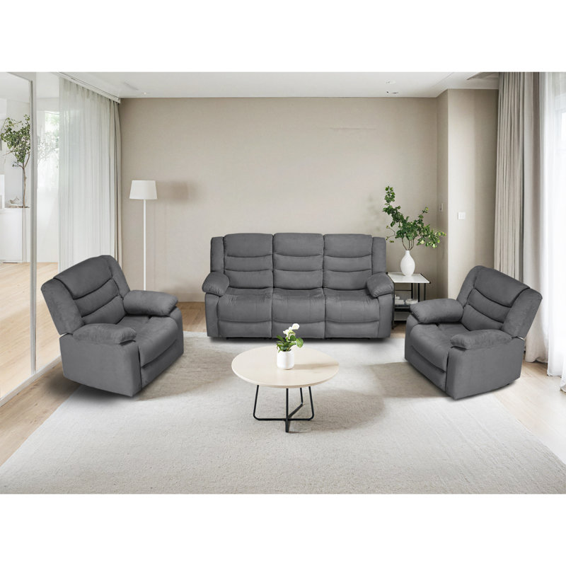 Ensemble de canapé inclinable manuel comprenant un canapé et deux fauteuils inclinables, Gris