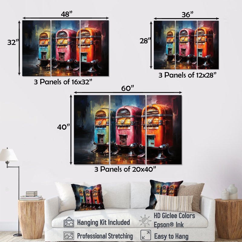 «Colorful Modern Jukebox Jams 2 - Jukeboxes», art mural, H 40 po x l 60 po x P 1 po, Toile tendue