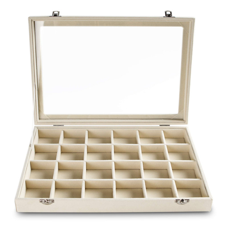 Jewellery Organizer Tray With Clear Lid 24 Grid Velvet Drawer Insert Jewellery Storage Box With Transparent Glass Lid Jewellery Display Case With Lock(Beige, 24 Grid)