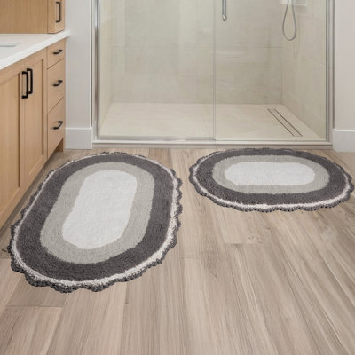 Lavish Home 2 Piece Bathroom Rugs - 100% Cotton Reversible Oval Bath Mat Set with Scallop Crochet Edges (Gray Striped)
