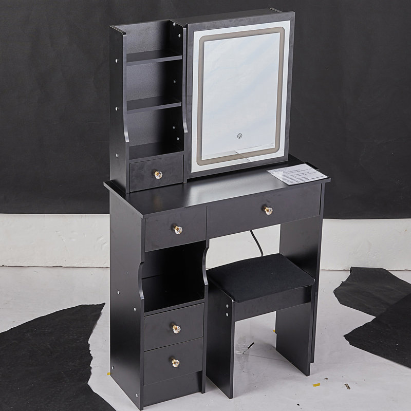 Table de coiffeuse avec tiroir coulissant, miroir à DEL tactile et tabouret rembourré