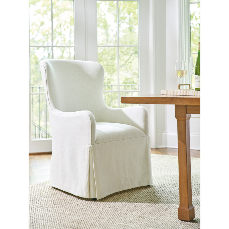 Mid-Century Modern White Linen Upholstered Wood Armchair