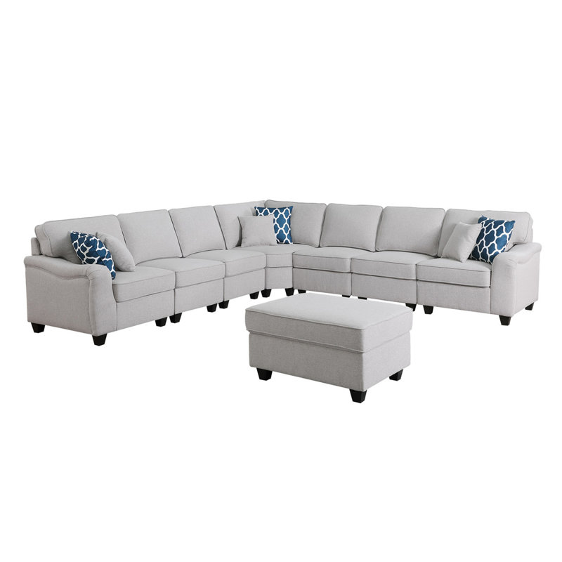 Canapé modulaire et repose-pieds modulaire en lin gris clair 8 pièces Leo, H 35 po x l 125 po x P 125 po
