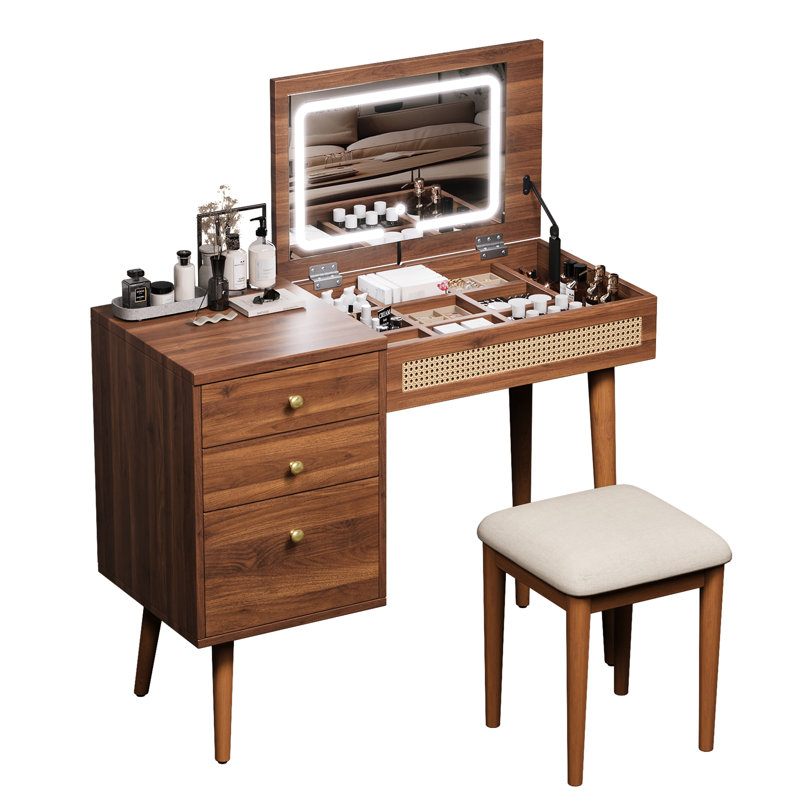 Meuble-lavabo de 39 po avec miroir et lumières à DEL, maquillage de style bohémien, rangement pour coiffeuse, 10 compartiments noyer brillant lustré rétro, éclat éclatant